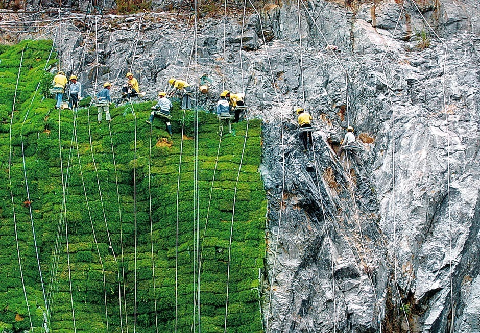 2002年在盐田港工人们正在给光秃秃的石山披上绿装。