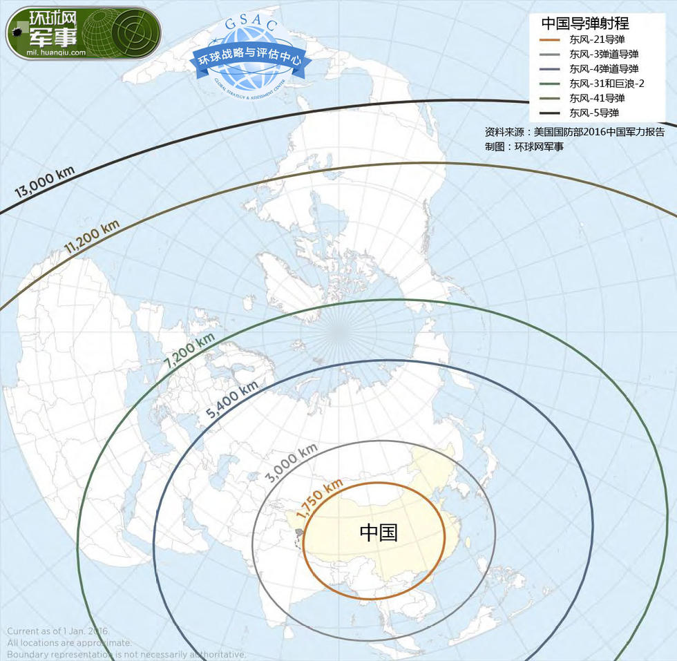 《中国军力报告》中对中国各种导弹射程及其打击覆盖范围的推测图表