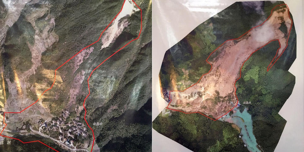 1/3 浙江省测绘局日前公布了苏村山体滑坡前后的航拍影像对比图.