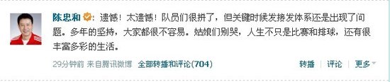 女排惜败引腾讯微博热议 陈忠和:姑娘们别哭 72055552