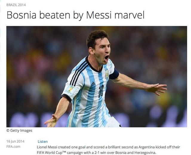 全球媒体聚焦阿根廷 FIFA:神奇梅西击退波黑全球媒体聚焦阿根廷:梅西时隔八年终进球 !