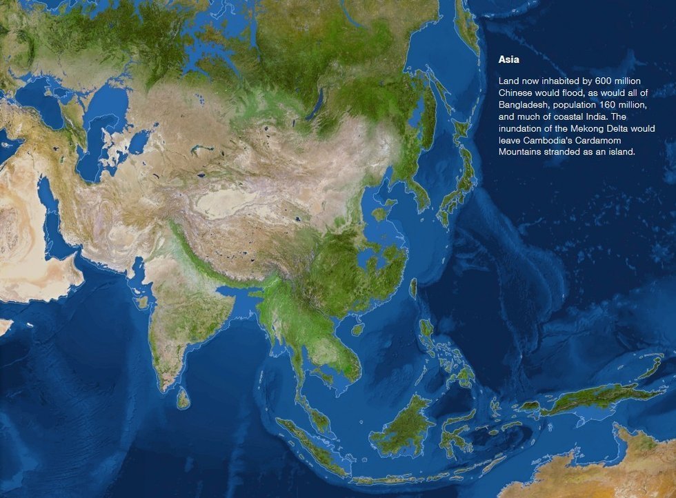 海平面上升66米后的世界版图 中国东部消失