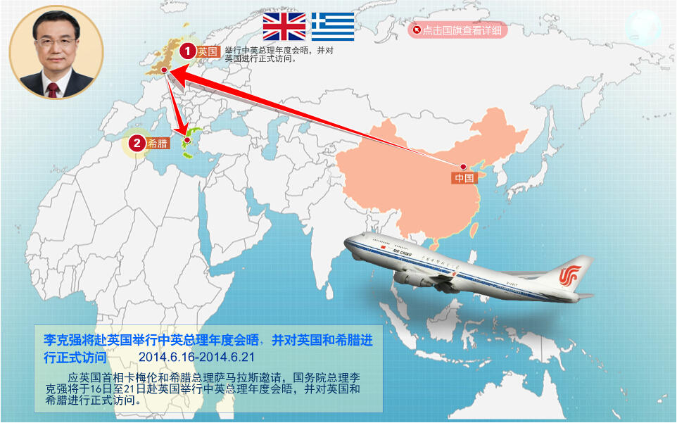 李克强出访英国和希腊行程图