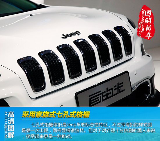 七孔式隔栅依旧是jeep车的标志性特征,不过带弯折的样式倒高清图片