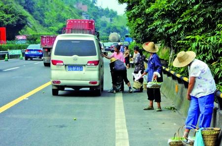 高速路上有人賣水果 駕駛員停車買好危險