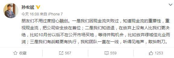 孙宏斌发微博：不会重蹈现金流断裂覆辙