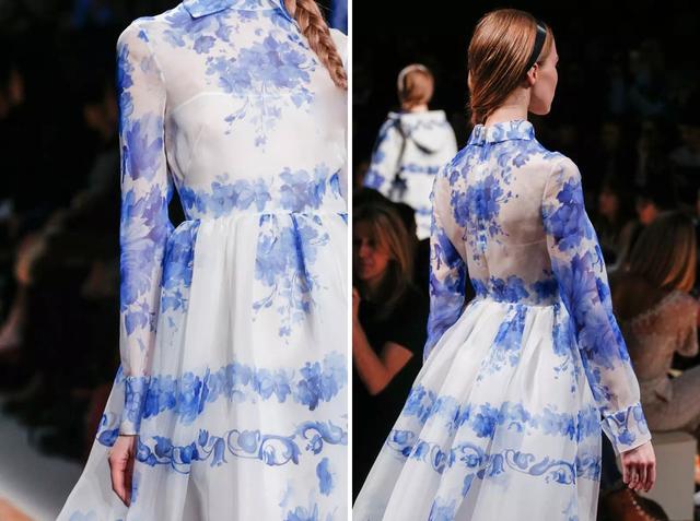 青花瓷元素成为一种更为抽象的色调:或以蓝蕾丝与白底裙层叠,或是化作