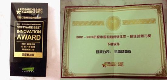 迅雷荣获艾瑞2013年中国下载软件最佳创新力奖