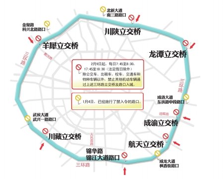 成都三环及周边12路口高峰错时禁入注意绕行