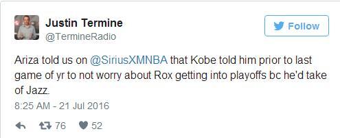 科比告别战前发短信给阿里扎：我来搞定爵士