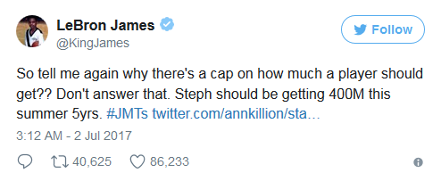 勇士价值暴涨450% 詹姆斯:库里值每年8000万