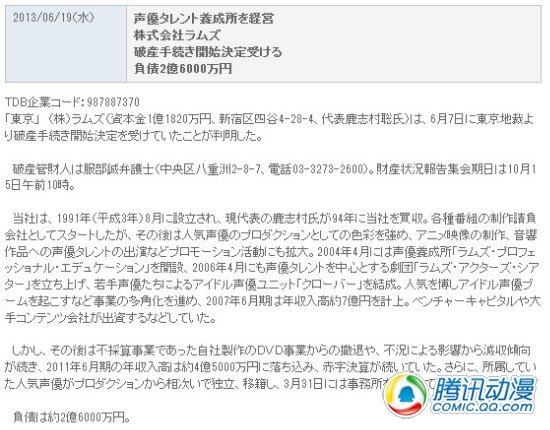 老牌声优事务所RAMS破产程序开始