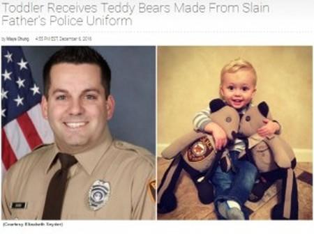 人间自有真情在！美国警局做泰迪熊送殉职警员儿子