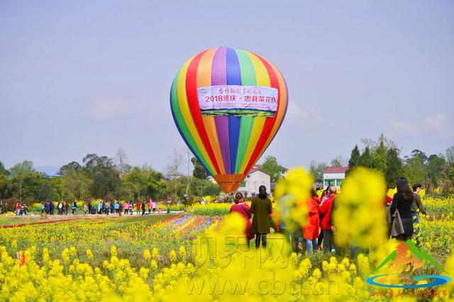 在大地艺术区,游客乘坐热气球,高空俯瞰这七彩大地,灿烂春色,纷纷被这
