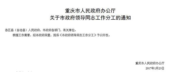 重庆公布市政府领导最新工作分工