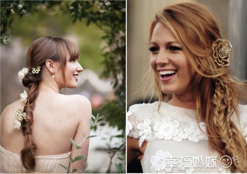 长发披散+打造小清新田园风新娘发型