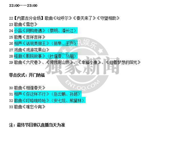  春晚 最全 节目单曝光  TFBOYS唱《快乐成长》