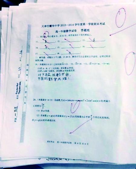 德国高中生在中国数学考0分 称对不起太难了