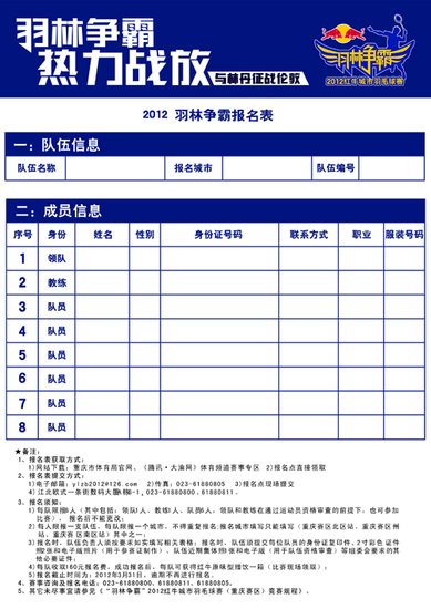 羽林争霸2012红牛城市羽毛球赛报名方式