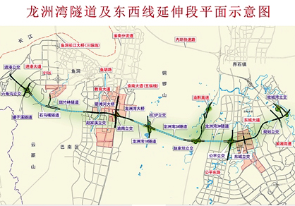 西延伸线起于佛耳岩进港大道,与s106相交后,以隧道方式穿过云篆山,止