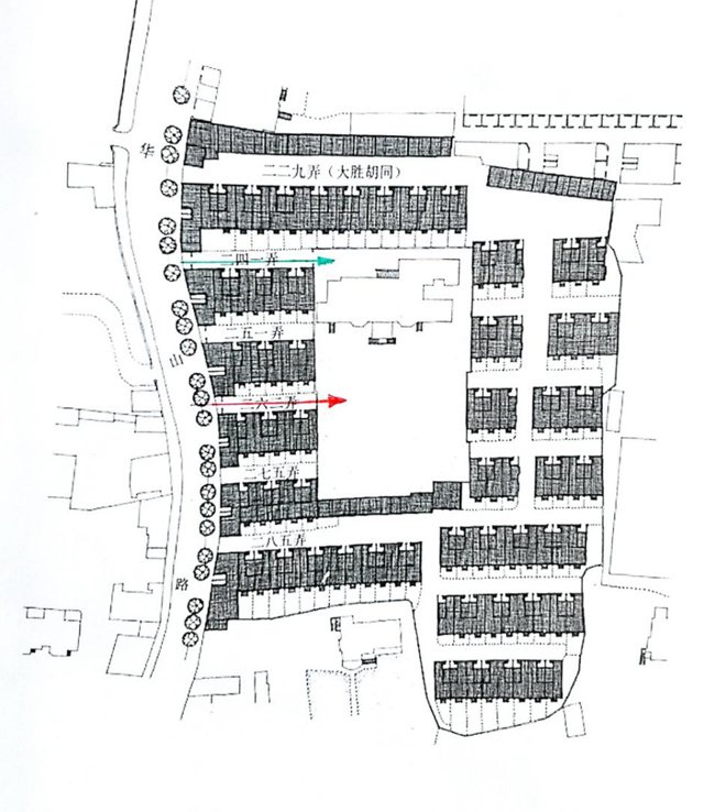 普爱堂在丹奈特庄园周边开发房地产“大胜胡同”，担文大宅就缩入中间的院子。他们从大宅241弄7号（绿线）进出，现在光明集团改从263弄7号（红线）进出。 