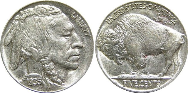 1913—1938年间通行的野牛镍币，来源：“American Bison”, Wikipedia