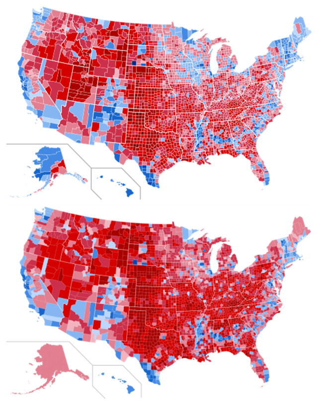 美国2012（上图）与2016（下图）年总统选举的郡级变化，红色愈深代表共和党支持率愈高，蓝色愈深代表民主党支持率愈高