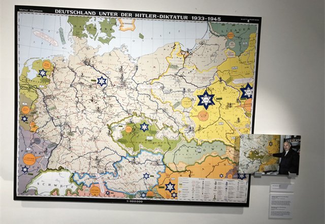 博物馆内的地图,标示纳粹时期一些重要的集中营 博物馆内的地图,标示纳粹时期一些重要的集中营