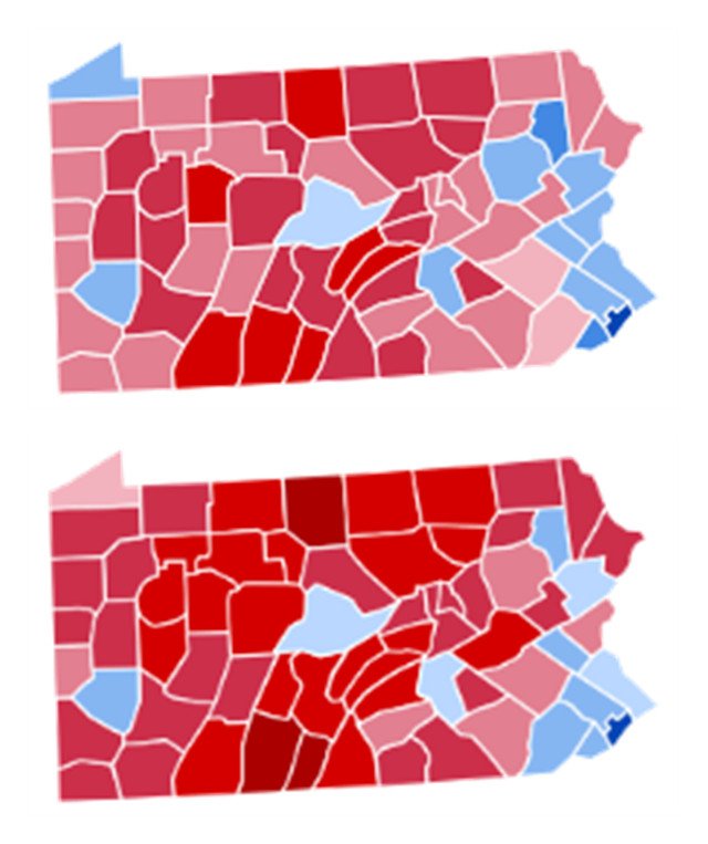 宾夕法尼亚州2012（上图）与2016（下图）年总统选举变化，红色愈深代表共和党支持率愈高，蓝色愈深代表民主党支持率愈高