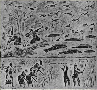 汉画像砖表现的典型农村产业图像:耕种收获农作物,农闲射猎和养鱼
