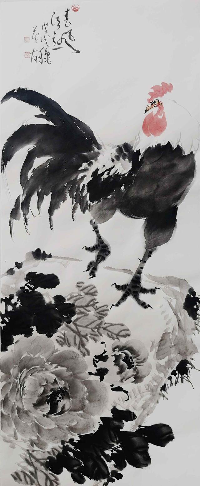 五德寓意—蔡茂友水墨雄鸡作品欣赏