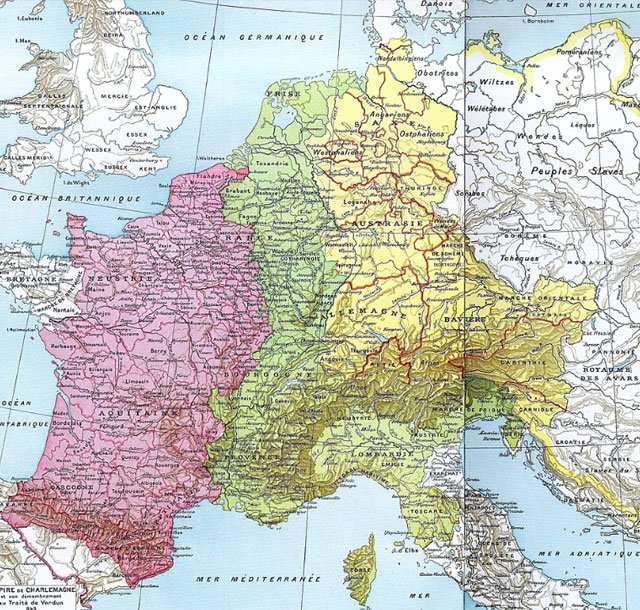 843年8月，法兰克王国皇帝路易一世的3个儿子在凡尔登签订条约三分帝国