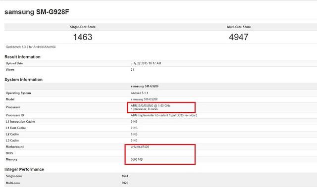 三星S6 edge+跑分成绩曝光 配4GB运行内存
