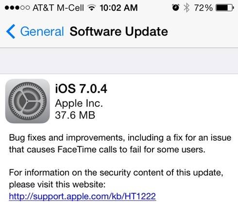 腾讯数码讯（编译：徐萧梓丞）iOS7系统自从发布以来就不断曝出各种各样的漏洞，而苹果公司也不断的推出新版本来不断的修复这些漏洞。今天，苹果公司刚刚发布了最新的iOS7.0.4（版本号11B554a）版本来继续修复系统中存在的bug。