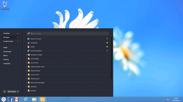 Windows8 menu features five applications recommended 