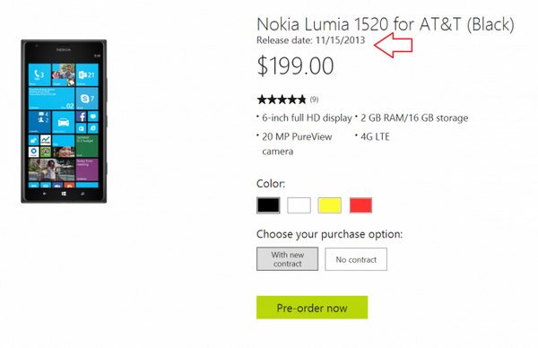 美版诺基亚Lumia1520开始预售 裸机约3345元