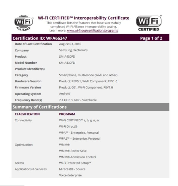 三星Galaxy A4通过Wi-Fi认证 第六款A系机型