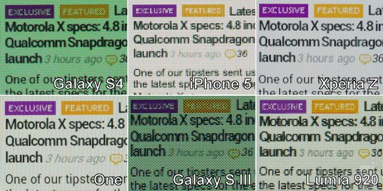 三星Galaxy S4與其他五款主流手機屏幕對比