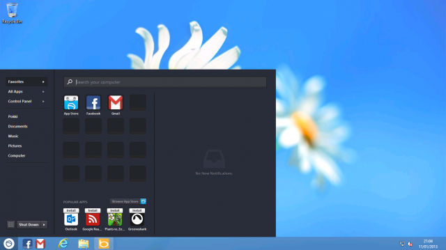 Windows8 menu features five applications recommended 