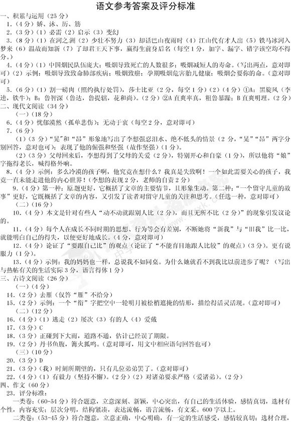 2012年浙江省台州市中考语文答案