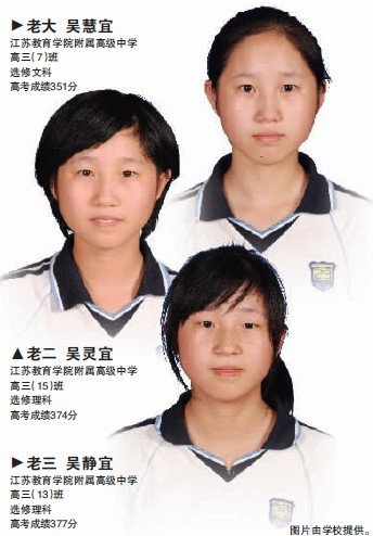 江苏南京一中学三胞胎姐妹高考齐过一本线(图)