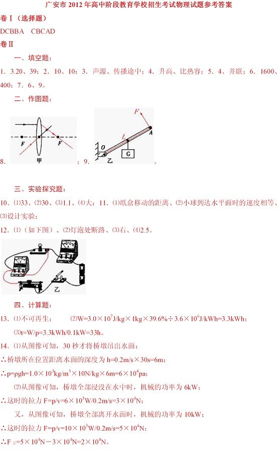 2012年四川省广安市中考物理答案