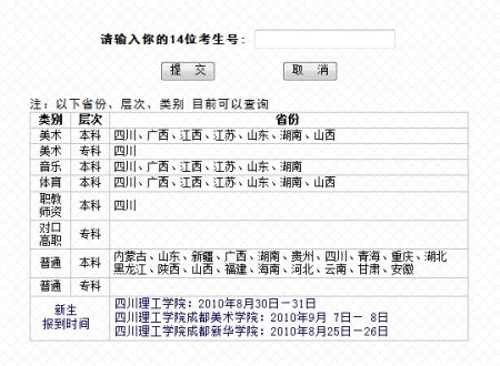 四川理工学院2010年高考录取结果查询系统开