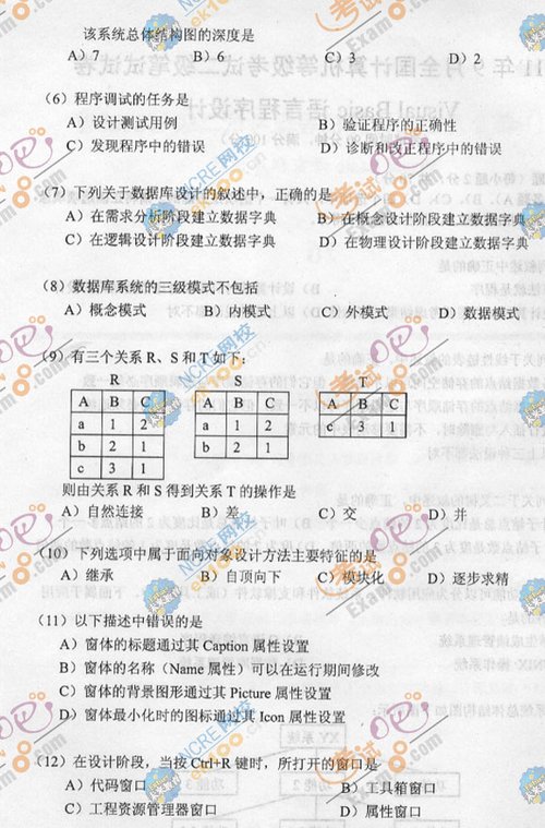 2011年9月计算机等级考试二级vb笔试试题