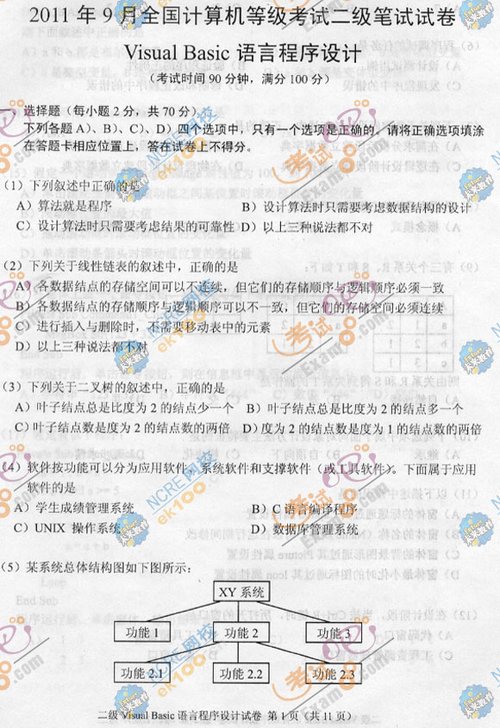 2011年9月计算机等级考试二级vb笔试试题