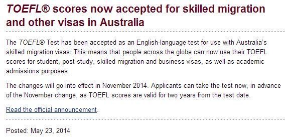 澳大利亚接受托福成绩作为学生签证的申请条件