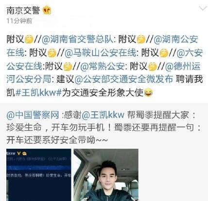 王凯晒车内自拍 引来各地警察叔叔的围观