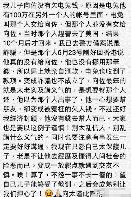 向佐向债主还钱 向太坚称儿子是替人背黑锅