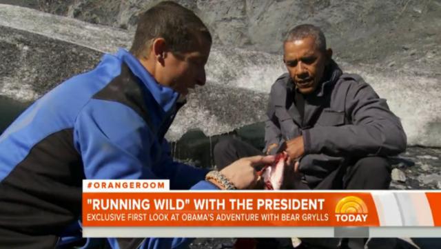 奥巴马与贝尔参与《越野千里》 捡剩饭吃熊口