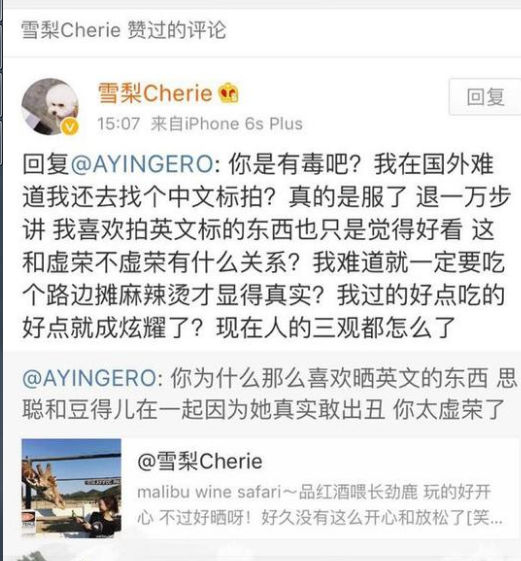 雪梨被骂炫富 反击：我一定要吃路边摊才真实？
